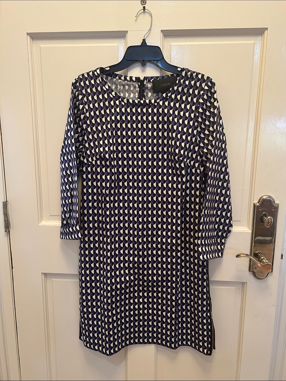 J. Crew Navy and White Geometric Long-Sleeve Shift Dress size 10 large